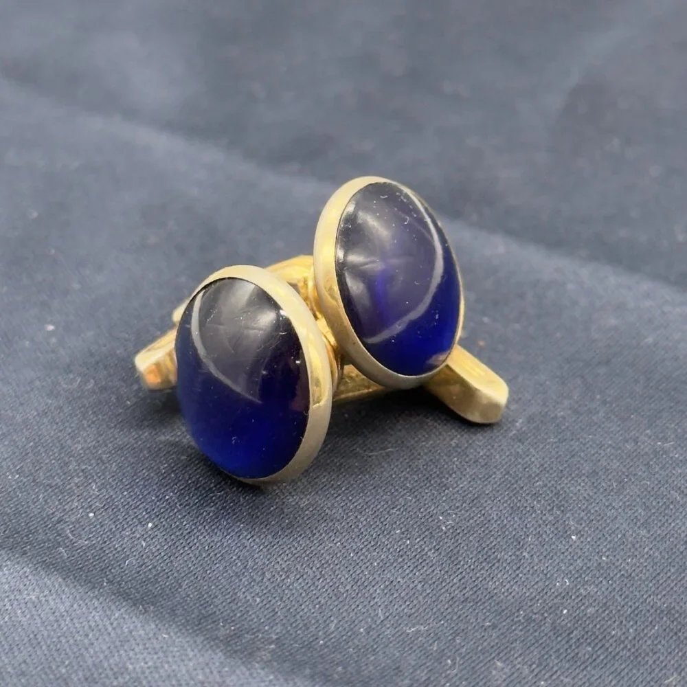 Vintage Hickok Gold Tone Blue Glass Cabochon Cufflinks Mid Century MCM